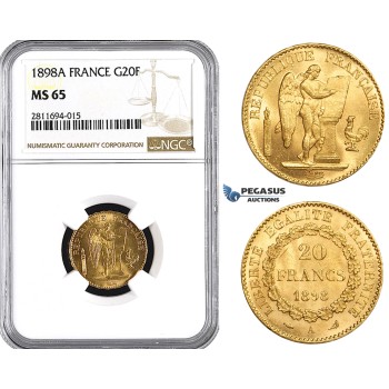 ZM846, France, Third Republic, 20 Francs 1898-A, Paris, Gold, NGC MS65