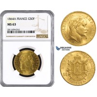 ZM847, France, Napoleon III, 50 Francs 1864-A, Paris, Gold, NGC MS63