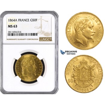 ZM847, France, Napoleon III, 50 Francs 1864-A, Paris, Gold, NGC MS63