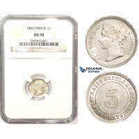 ZM855, Straits Settlements, Victoria, 5 Cents 1896, Silver, NGC AU58