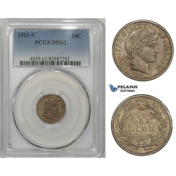 ZM866, United States, Barber Dime (10C) 1911-S, San Francisco, Silver, PCGS MS62