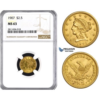 ZM874, United States, Liberty Head 2 1/2 Dollars 1907, Philadelphia, Gold, NGC MS63