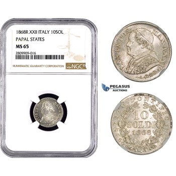 ZM906, Italy, Papal, Pius IX, 10 Soldi 1868 (XXII) R, Rome, Silver, NGC MS65
