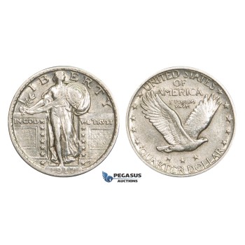 ZM914, United States, Standing Liberty Quarter (25C) 1917 (Type 2) Philadelphia, Silver, Cleaned VF-XF