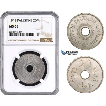 ZM919, Palestine, 20 Mils 1941, London, NGC MS63, Rare!