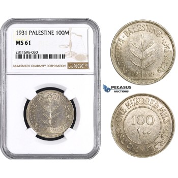 ZM920, Palestine, 100 Mils 1931, London, Silver, NGC MS61, Rare!
