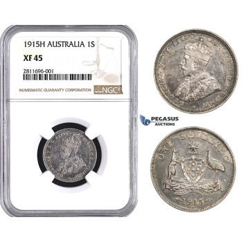 ZM921, Australia, George V, 1 Shilling 1915-H, Heaton, Silver, NGC XF45