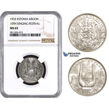 ZM933, Estonia, 1 Kroon 1933, Silver, NGC MS65