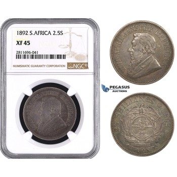 ZM948, South Africa (ZAR) 2 1/2 Shillings 1892, Silver, NGC XF45