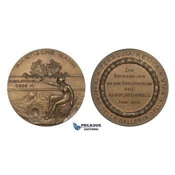 ZM980, Switzerland, Art Nouveau Bronze Medal 1902 (Ø39mm, 27.2g)  Albula Tunnel, Train, Railroad