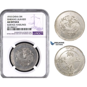 ZM985, China, Sinkiang, 5 Miscals 1910, Silver, L&M 820, NGC AU Det.
