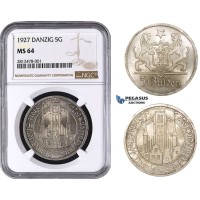 ZM987, Poland, Danzig, 5 Gulden 1927, Berlin, Silver, NGC MS64, Pop 2/1, Rare!