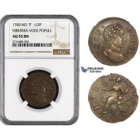 ZM994, Early American, Imported Coinage, 1/2 Penny 1760 Hibernia-Voce Populi, No "P" NGC AU55