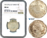 A7/172, Egypt (Ottoman Empire) Abdul Hamid II, 5 Qirsh AH1293//22 W, Misr Mint, Silver, KM# 296, Partly toned with full Mint luster, NGC MS64 (Wrongly labbeled as Turkey)