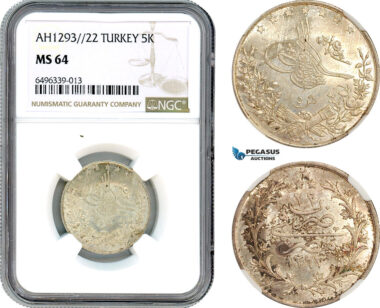 A7/172, Egypt (Ottoman Empire) Abdul Hamid II, 5 Qirsh AH1293//22 W, Misr Mint, Silver, KM# 296, Partly toned with full Mint luster, NGC MS64 (Wrongly labbeled as Turkey)