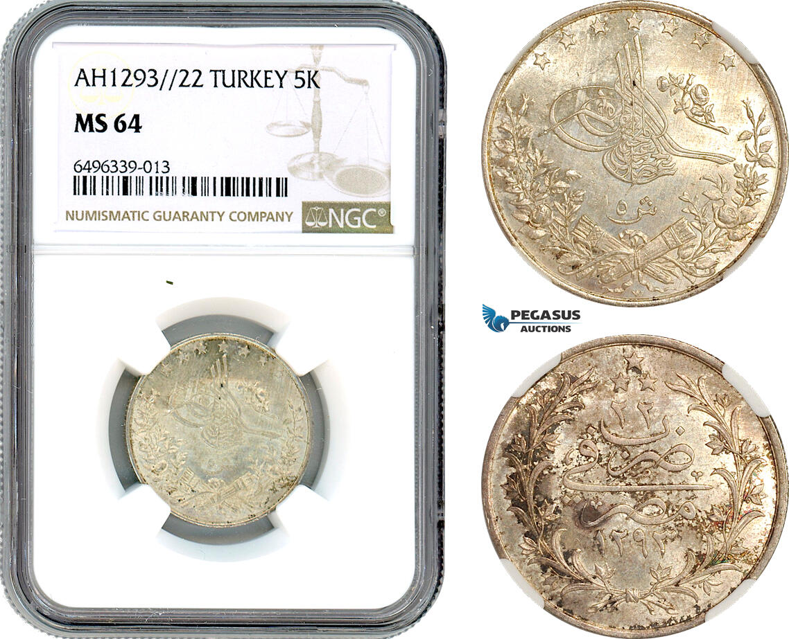 A7/172, Egypt (Ottoman Empire) Abdul Hamid II, 5 Qirsh AH1293//22 W, Misr Mint, Silver, KM# 296, Partly toned with full Mint luster, NGC MS64 (Wrongly labbeled as Turkey)