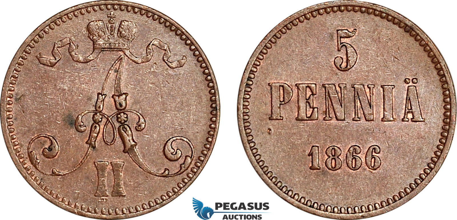 AJ207, Finland, Alexander II, 5 Pennia 1866, Helsinki Mint, EF-