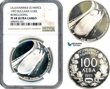 AJ239, Bulgaria, Lillehammer Olympics, Bobsledding, 100 Leva 1993, Sofia Mint, Silver, NGC PF68 Ultra Cameo