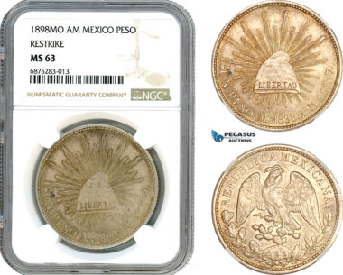AJ270, Mexico, 1 Peso 1898 Mo AM, restrike, Mexico City Mint, Silver, NGC MS63