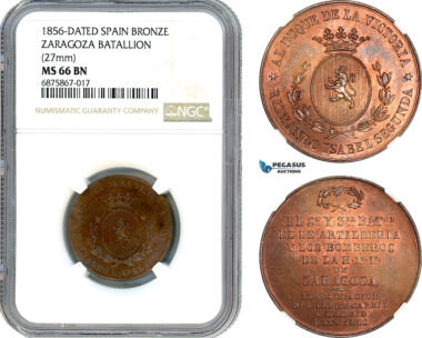 AJ276, Spain, Isabel II, 1856 Bronze Medal, Zaragoza Batallion, NGC MS66BN