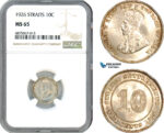 AJ278, Straits Settlements, George V, 10 Cents 1926, Silver, NGC MS65