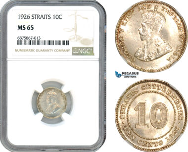 AJ278, Straits Settlements, George V, 10 Cents 1926, Silver, NGC MS65