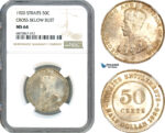 AJ279, Straits Settlements, George V, 50 Cents 1920, Cross below bust, Silver, NGC MS64
