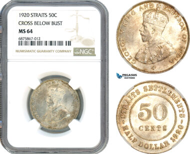 AJ279, Straits Settlements, George V, 50 Cents 1920, Cross below bust, Silver, NGC MS64