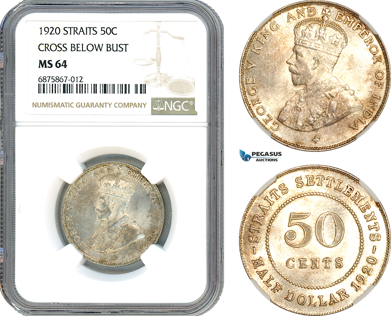 AJ279, Straits Settlements, George V, 50 Cents 1920, Cross below bust, Silver, NGC MS64
