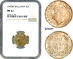 AJ283, Bulgaria, Boris III, 20 Leva 1930 BP, Budapest Mint, Silver, NGC MS62