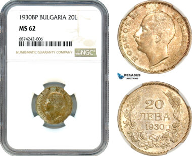 AJ283, Bulgaria, Boris III, 20 Leva 1930 BP, Budapest Mint, Silver, NGC MS62