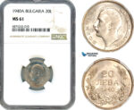 AJ286, Bulgaria, Boris III, 20 Leva 1940 A, Berlin Mint, NGC MS61