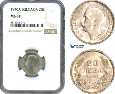 AJ286, Bulgaria, Boris III, 20 Leva 1940 A, Berlin Mint, NGC MS61