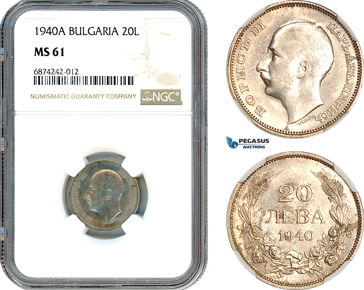 AJ288, Bulgaria, Boris III, 20 Leva 1940 A, Berlin Mint, NGC MS61