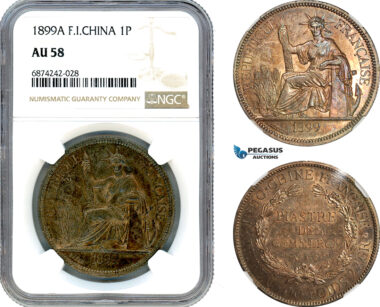 AJ302, French Indo-China, 1 Piastre 1899 A, Paris Mint, Silver, NGC AU58