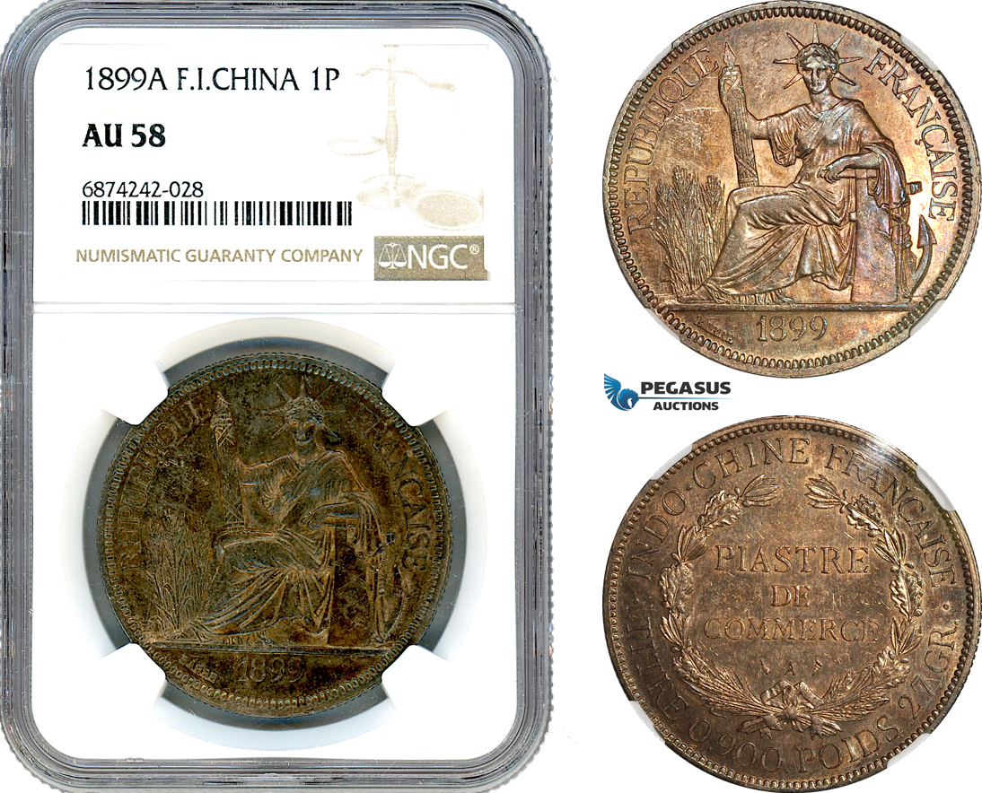 AJ302, French Indo-China, 1 Piastre 1899 A, Paris Mint, Silver, NGC AU58