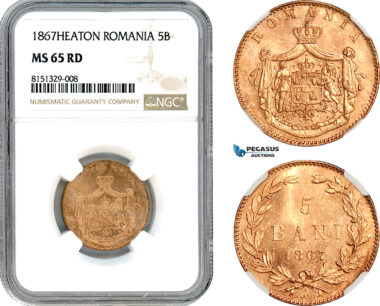 AJ312, Romania, Carol I, 5 Bani 1867, Heaton Mint, NGC MS65RD