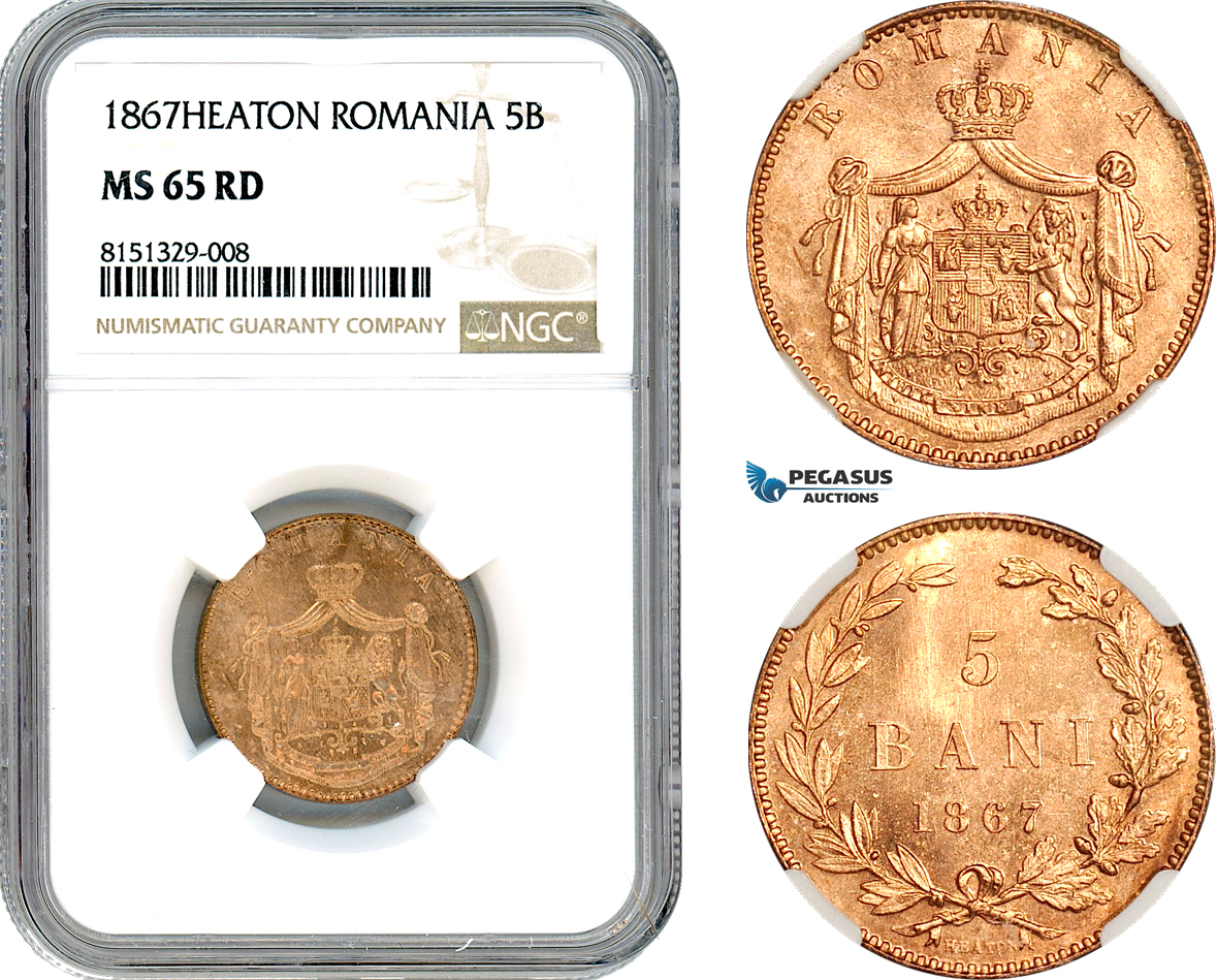AJ312, Romania, Carol I, 5 Bani 1867, Heaton Mint, NGC MS65RD
