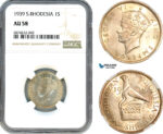 AJ317, Southern Rhodesia (Zimbabwe) George VI, 1 Shilling 1939, Silver, NGC AU58