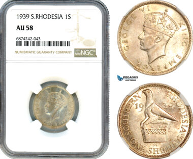 AJ317, Southern Rhodesia (Zimbabwe) George VI, 1 Shilling 1939, Silver, NGC AU58
