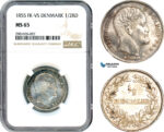 AJ318, Denmark, Frederik VII, 1/2 Rigsdaler 1855 FK-VS, Copenhagen mint, Silver, NGC MS65