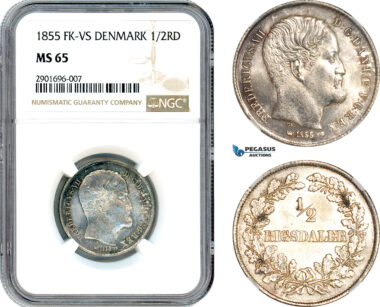 AJ318, Denmark, Frederik VII, 1/2 Rigsdaler 1855 FK-VS, Copenhagen mint, Silver, NGC MS65