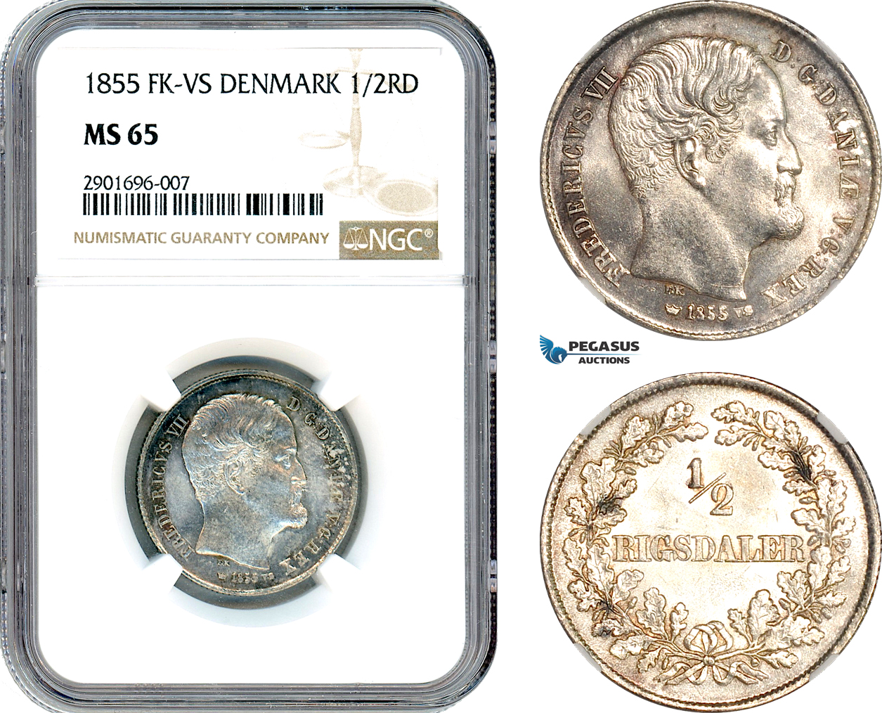 AJ318, Denmark, Frederik VII, 1/2 Rigsdaler 1855 FK-VS, Copenhagen mint, Silver, NGC MS65
