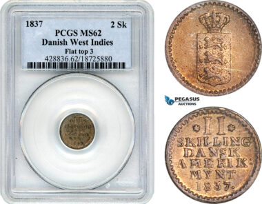 AJ320, Danish West Indies, Frederik VI, 2 Skilling 1837, Flat Top 3, PCGS MS62