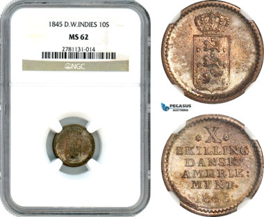 AJ321, Danish West Indies, Christian VIII, 10 Skilling 1845, Silver, NGC MS62