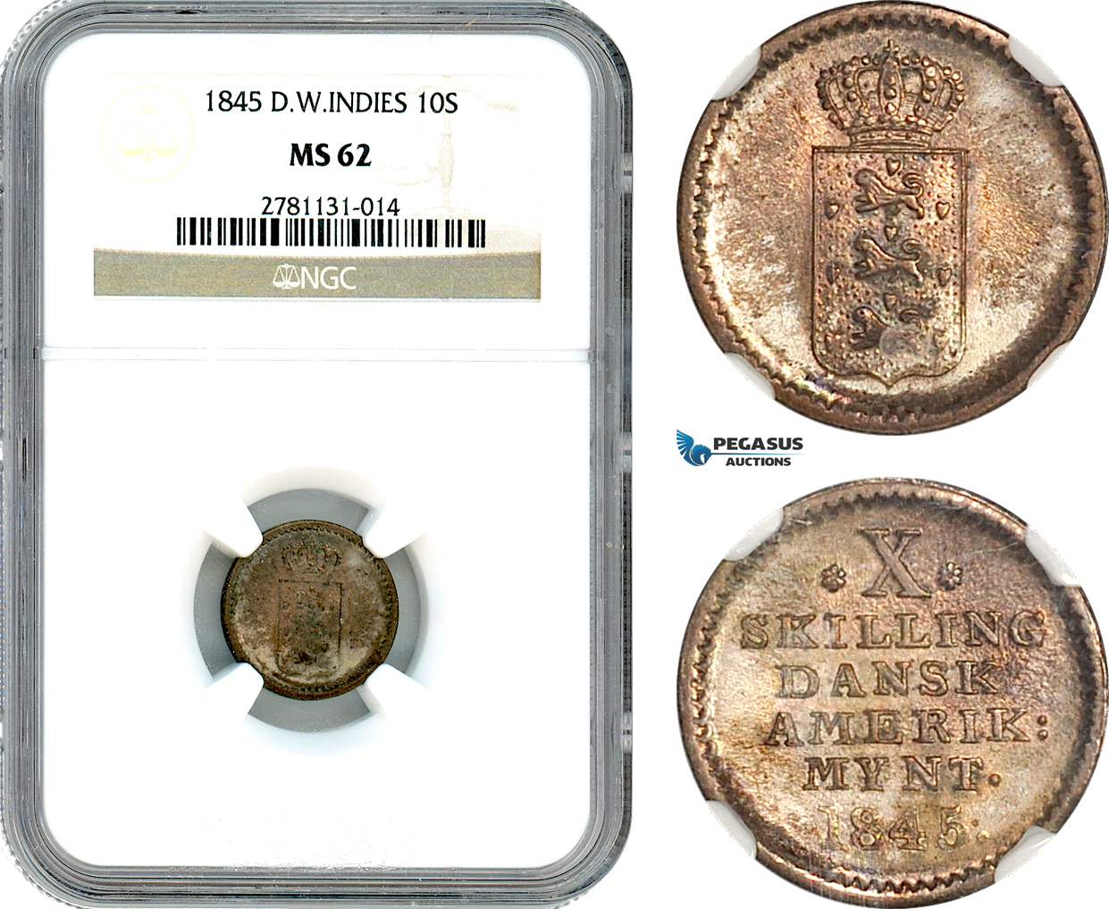 AJ321, Danish West Indies, Christian VIII, 10 Skilling 1845, Silver, NGC MS62