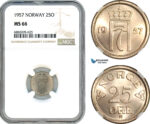 AJ335, Norway, Haakon VII, 25 Ore 1957, Kongsberg Mint, NGC MS66