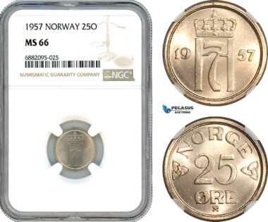 AJ335, Norway, Haakon VII, 25 Ore 1957, Kongsberg Mint, NGC MS66