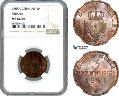AJ474, Germany, Prussia, Wilhelm I, 3 Pfenninge 1865 A, Berlin Mint, NGC MS64BN