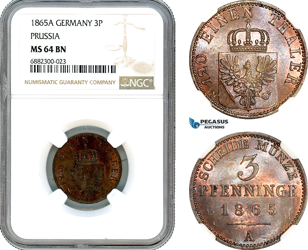 AJ474, Germany, Prussia, Wilhelm I, 3 Pfenninge 1865 A, Berlin Mint, NGC MS64BN